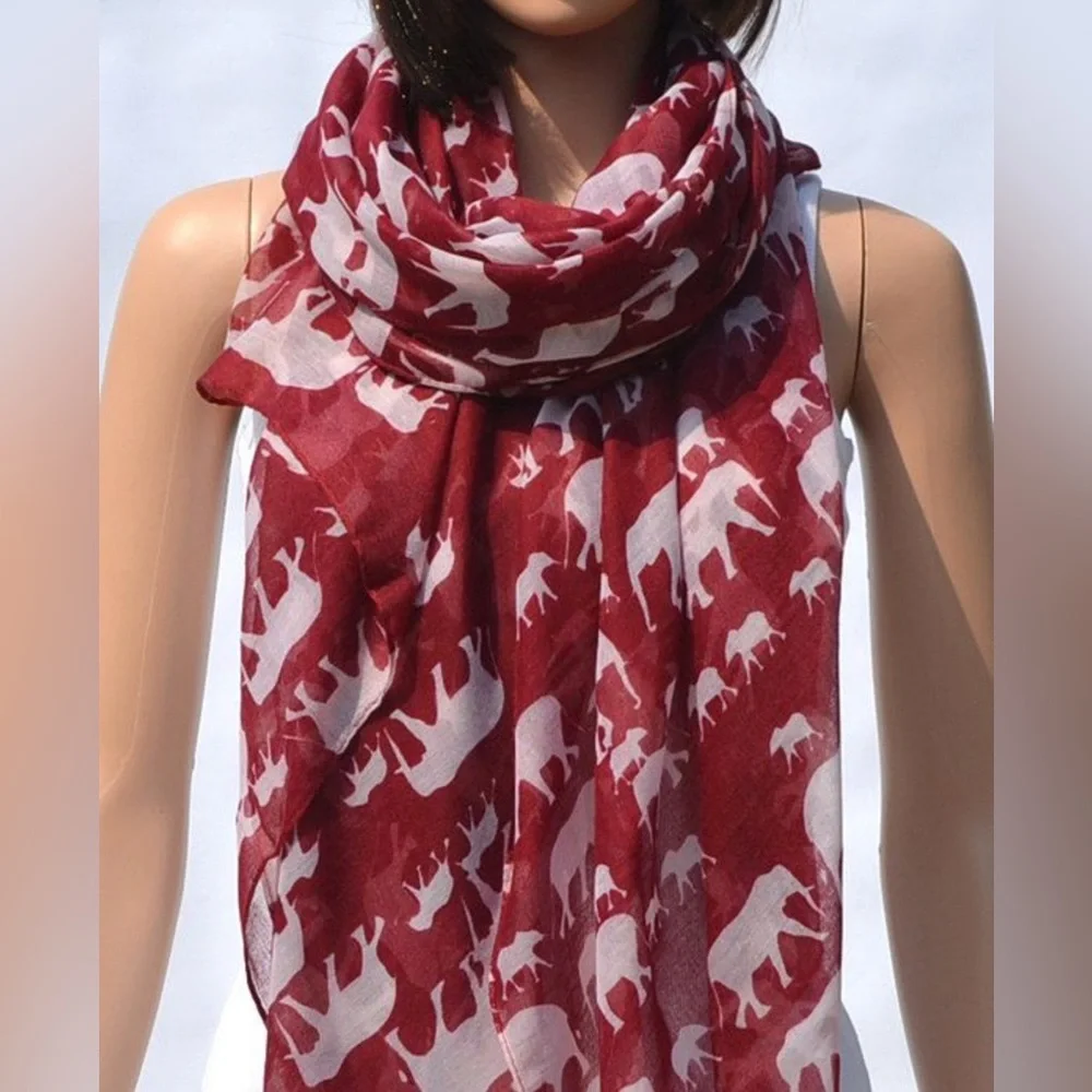Ladies Eternity Scarf Summer Elephant‎ Print Animal Print Wine